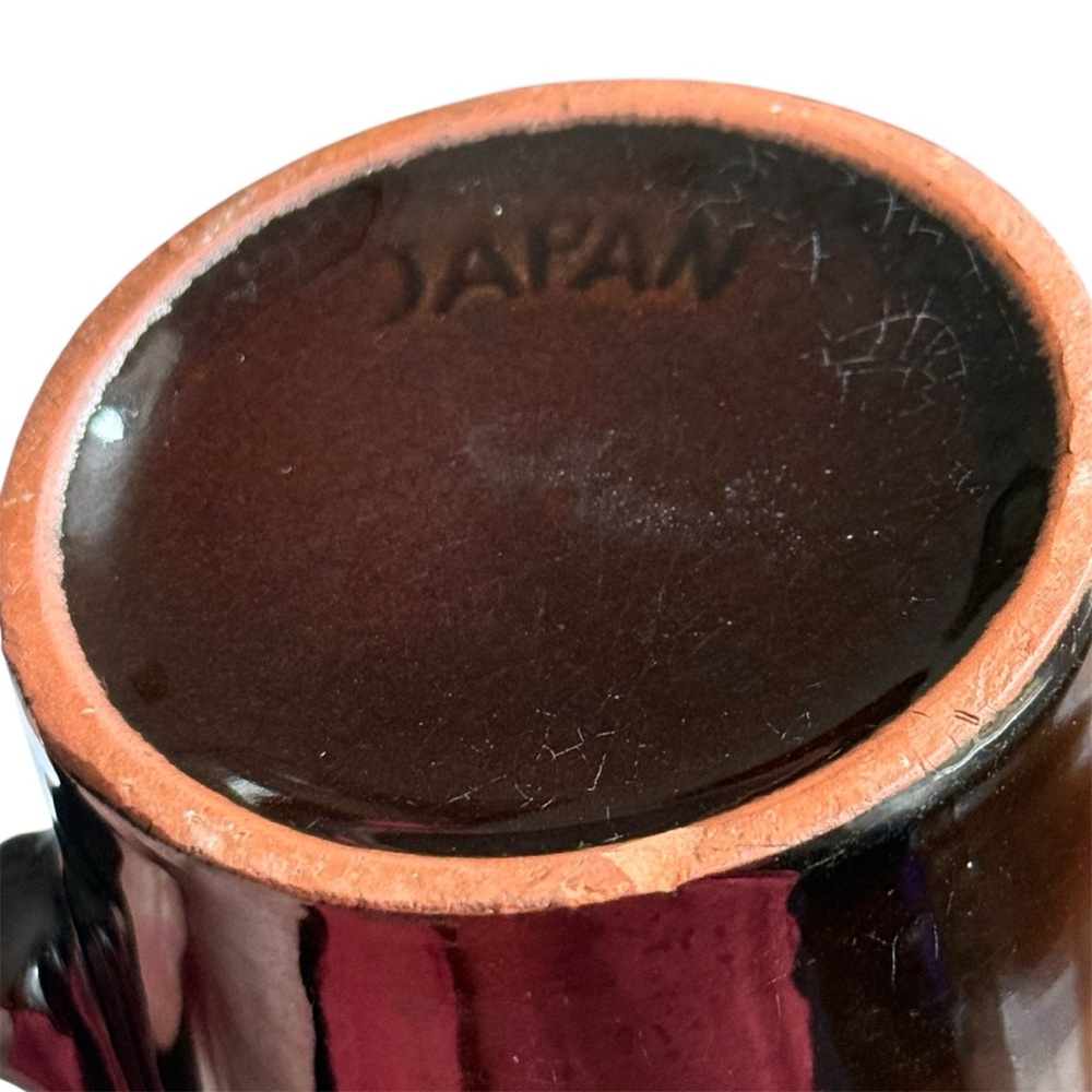 Set of 3 Vintage MCM Brown Drip Design Two Finger Hole Handle Pottery Mugs Japan - Picture 6 of 7